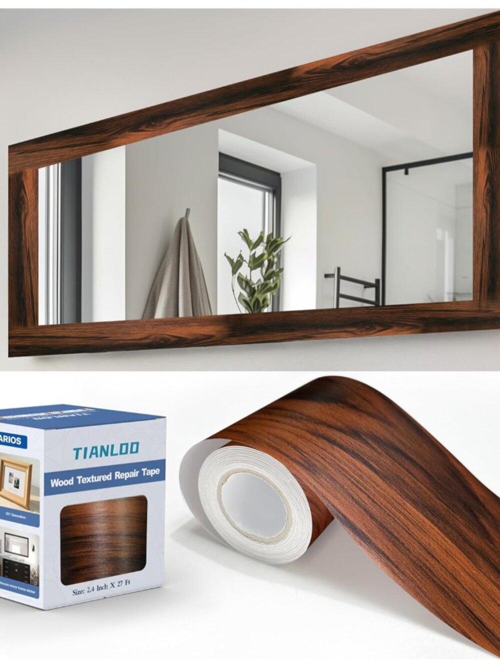 27 FT Wood Grain Wallpaper Border, Removable Waterproof Mirror Border Peel and S
